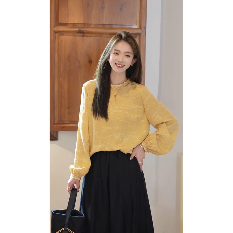 Rh【Flowing Light】Textured Embossed Square Pattern Crepe Ruffle Collar Mulberry Silk Long-Sleeve Shirt Rh1238 Rh【Flowing Light】Textured Embossed Square Pattern Crepe Ruffle Collar Mulberry Silk Long-Sleeve Shirt Rh1238
