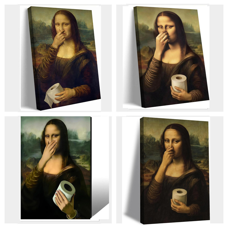 Framed Mona Lisa Bathroom Canvas Wall Art Humorous Nose-Picking Wall Decoration Toilet Artwork Poster Painting Restroom