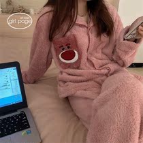 Japanese Strawberry Bear Coral Suede Pyjamas Woman Autumn Winter Soft and Warm Thickened Cartoon Home Suit Suit