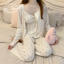 Princess Wind Broken Flowers Pyjamas Woman Spring Autumn Pure Cotton Long Sleeves Three Sets 2022 New Home Suit Suit Can Be Worn Out