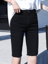 Black denim five-point pants womens summer high waist shorts tide ins Net red tight riding pants thin 5 points thin pants thin