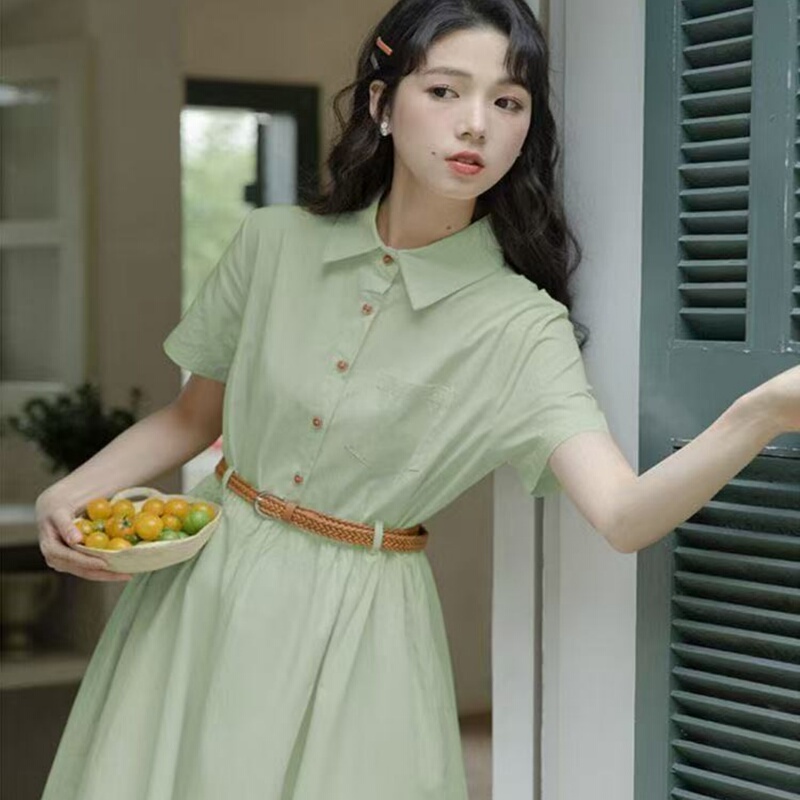 French-Style Waist-Cinching Polo Collar Pure Cotton Shirt Dress for Women, Summer Design, Niche Casual Workwear, Vacation Mid-Length Dress