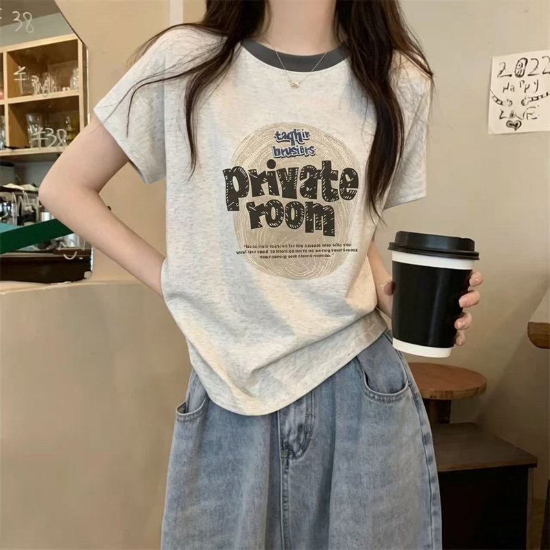 2026 Summer New Floral Gray Cotton Short-Sleeve T-Shirt for Women, Color-Block Loose Fit Versatile Age-Reducing Letter Print Top