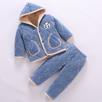 Childrens flannel pajamas autumn and winter boys and girls coral plus velvet thickened winter boy baby three-layer cotton