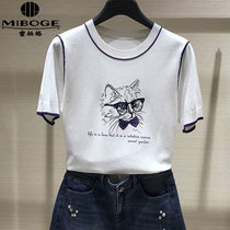 2021 summer new cute cat print ice silk knitted short sleeve T-shirt Ashima flagship store