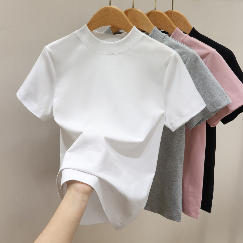 Half-High Collar Pure Cotton T-Shirt for Women, Short-Sleeved, Regular Shoulder, Loose Fit, Slimming, Mid-Neck, Center Seam, Solid Color, Outerwear, Base Layer Top