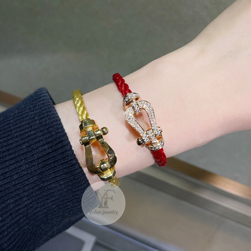 18K Gold, White Gold, Rose Gold Diamond Horseshoe Clasp Red Rope Bracelet, Nautical Clasp, Figure-Eight Clasp, Men's and Women's Bracelet