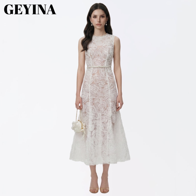 Geyina Haute Couture 2026 Early Autumn New S Pure White Elegant Sleeveless P Rose Flower Noble Style Lace Dress