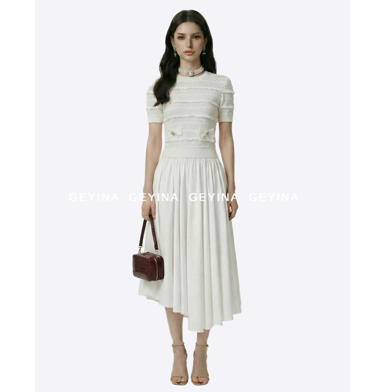 [Same Style as Liu Shishi] Geyina Haute Couture 2026 Spring/Summer New S Pure White Short-Sleeve P Short Knitted Top for Women