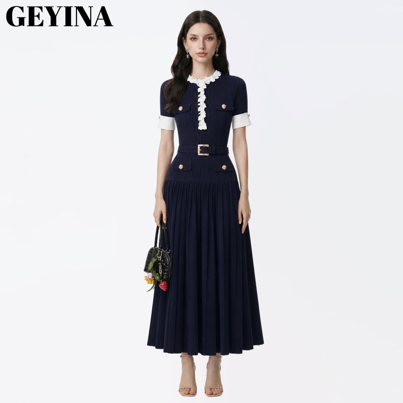 Geyina Haute Couture 2026 Autumn/Winter New Collection Navy Blue Short-Sleeve Floral Trim Elegant Mid-Length Knitted Dress