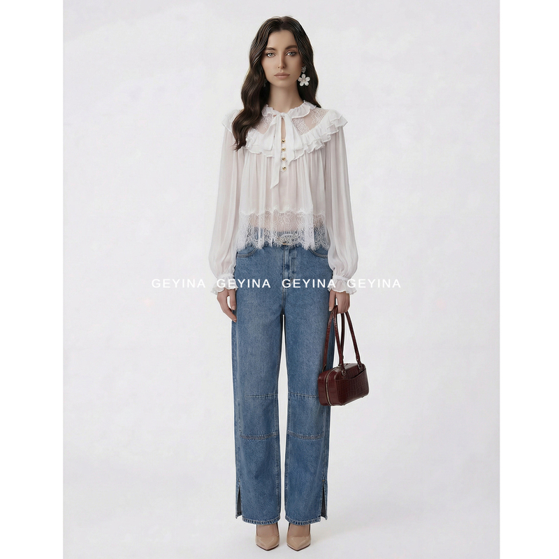 Geyina Haute Couture 2026 Spring/Summer New S Pure White Ruffled Long Sleeve P Chiffon Elegant Lace Top Shirt