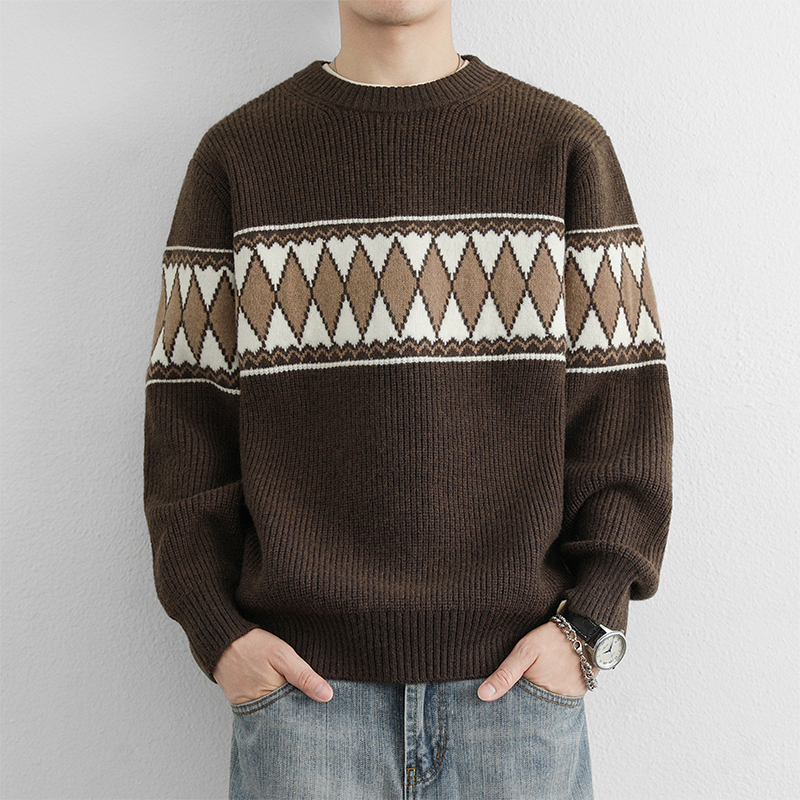 Diamond Jacquard Knit Sweater for Men, Autumn and Winter, Crew Neck, Thickened, American Retro Casual Inner Layer Top