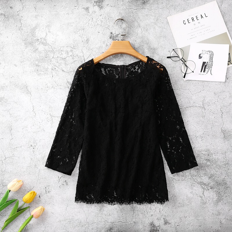 2025 Spring/Summer New Black Three-Quarter Sleeve Lace Top for Women, Stylish, Slimming, Versatile, Base Layer Lace Blouse