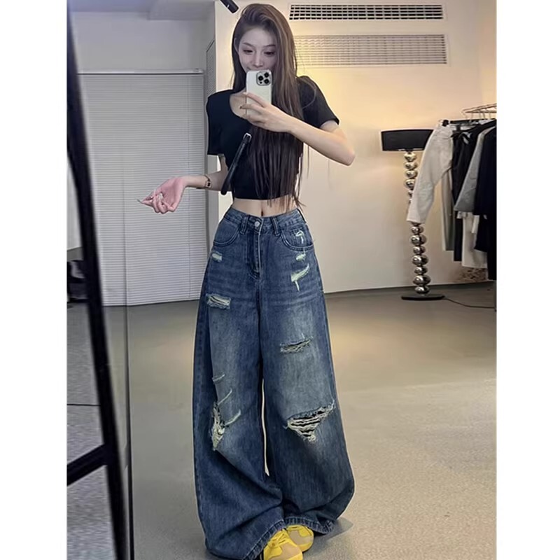 Petite Ripped Washed Denim Wide-Leg Pants for Women, Summer Vintage Style, High-Waisted, Loose Straight-Leg Long Trousers Petite Ripped Washed Denim Wide-Leg Pants for Women, Summer Vintage Style, High-Waisted, Loose Straight-Leg Long Trousers