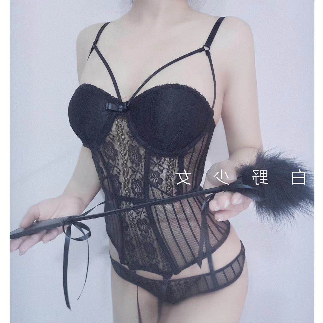 Small chest push sexy lace underwear slim pajamas female mesh sexy body sculpting vest black corset suit