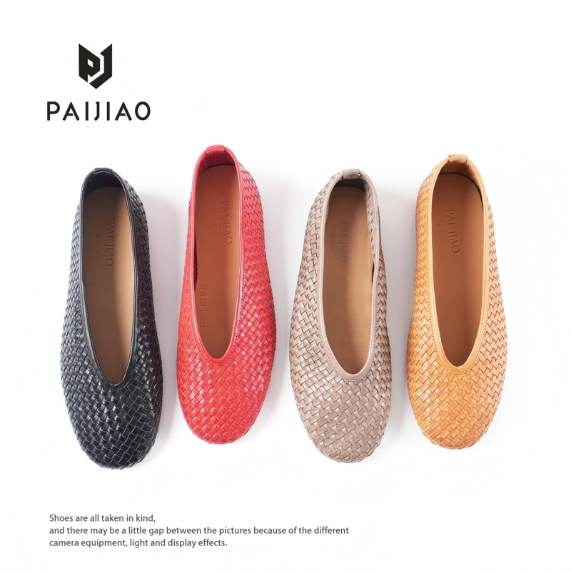 Horsehide Woven Soft-Soled Granny Shoes, Genuine Leather Round-Toe Shallow Single Shoes, Versatile Flat Shoes, Ballet Shoes Ry20281