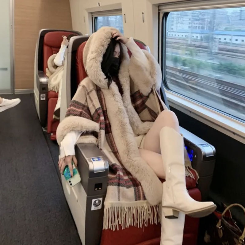 2021 winter new world wealth cloak shawl fat mm design retro plaid thick woolen coat