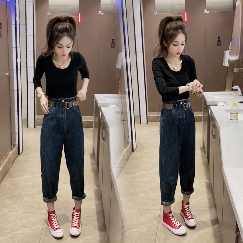 2022 spring and autumn new suit T-shirt top high waist daddy pants slim straight denim harem pants two-piece set