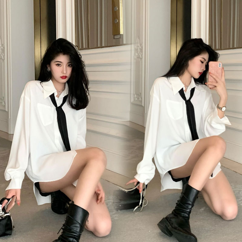 2026 Spring/Summer New College Style Tie Loose White Shirt Women's High-End Chic Mid-Length Shirt Top