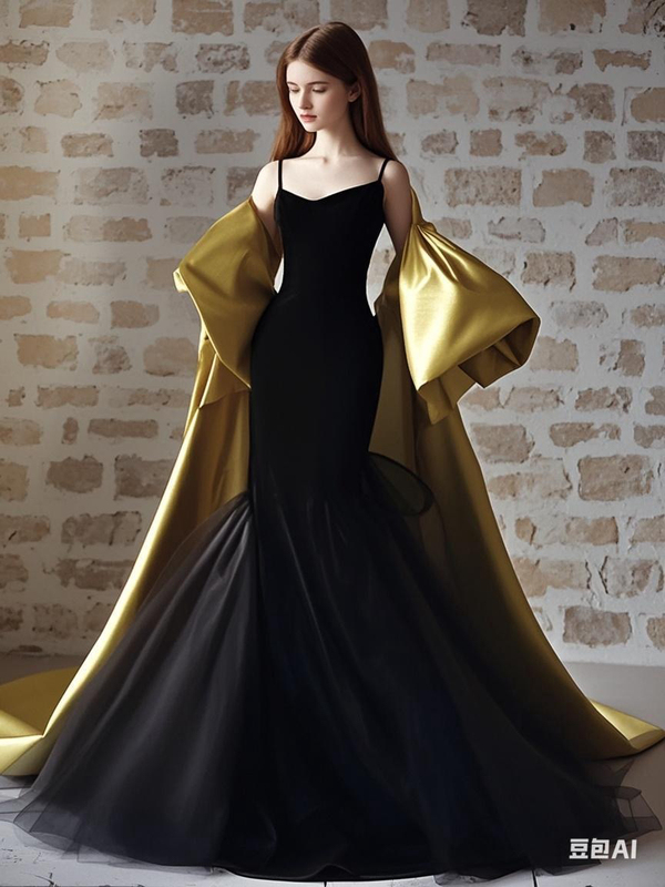 New Style Black Long Mermaid Evening Dress with Cape for Older Girls, Suitable for Catwalks and Performances, Elegant and Stylish