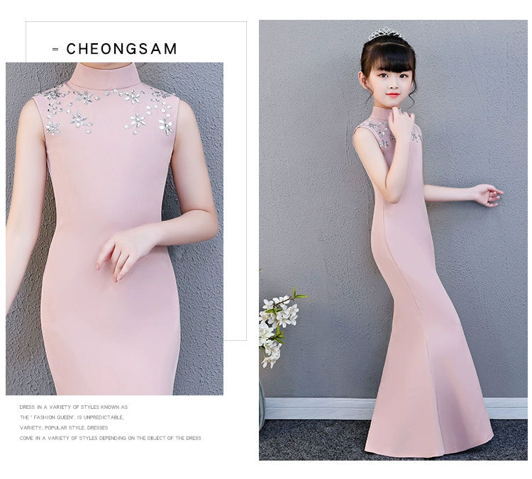 Hồng Long Girl Slim Đầm đuôi cá Đầm dạ hội cổ điển nhỏ đứng cổ áo cưới Hoa cô gái nhỏ chủ nhà mới 2020 - Váy trẻ em