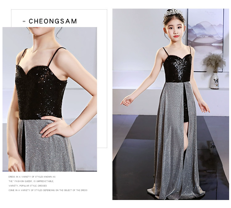 19 New Black Front Long Back Dress Dress Trẻ em Ngày trình diễn Trang phục biểu diễn Thời trang Sling Girl - Váy trẻ em