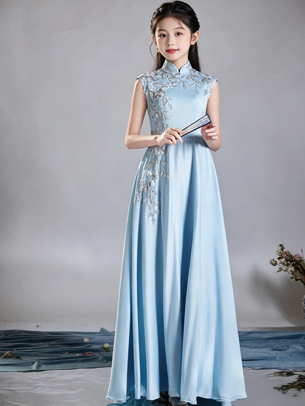 Girls' New Blue Chinese-Style Qipao Dress, Children's Host Performance Outfit, Fashionable and Stylish Long Dress Girls' New Blue Chinese-Style Qipao Dress, Children's Host Performance Outfit, Fashionable and Stylish Long Dress