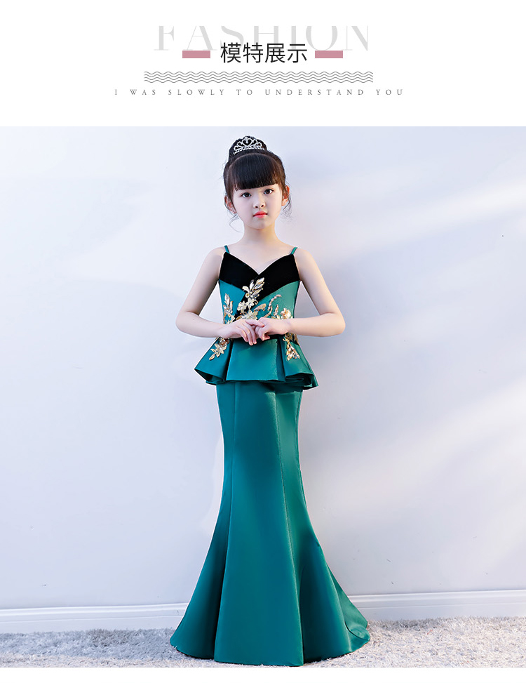 Đầm ren xanh mới thời trang giả hai cô gái Kiểu dáng đuôi cá thon dài catwalk dạ hội 2018 bộ đồ vest bé trai lịch lãm