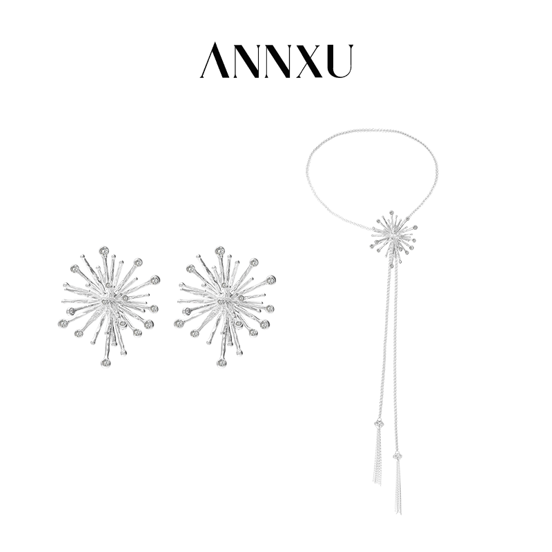Annxu Smoke Spark Long Necklace and Large Earrings Set with Pull-Out Necklace