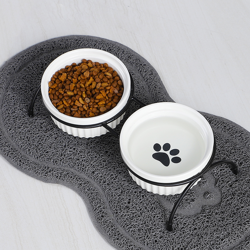 Ceramic cat bowl pet bowl cervical vertebra bowl dog food bowl cat bowl cat food bowl cat food bowl water bowl iron bracket double bowl