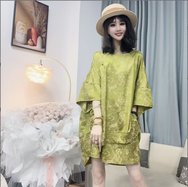 【Mumu Wanderings】 (Starlight) Summer Green Jacquard Chinese Style Button-Up Shirt + Shorts Fashion Set