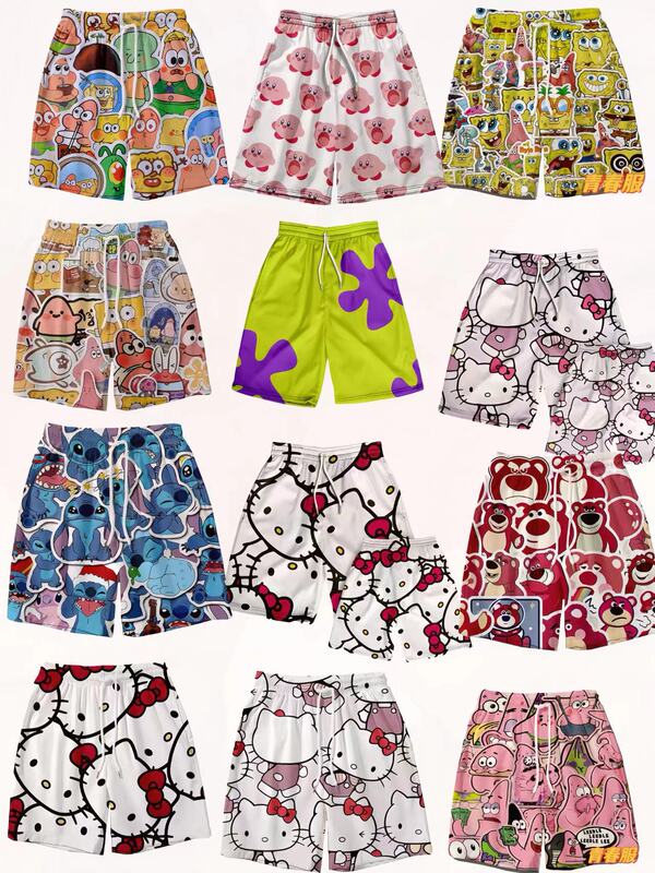Summer Couple's Pajama Shorts with Patrick Star and Hello Kitty Designs, Unisex Casual Sports Basketball Shorts, Loose Beach Shorts for Students