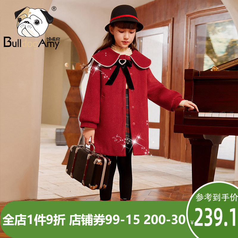 Girls wool coat 2021 winter new style foreign atmosphere big lapels in the big children single-breasted mid-length tweed coat