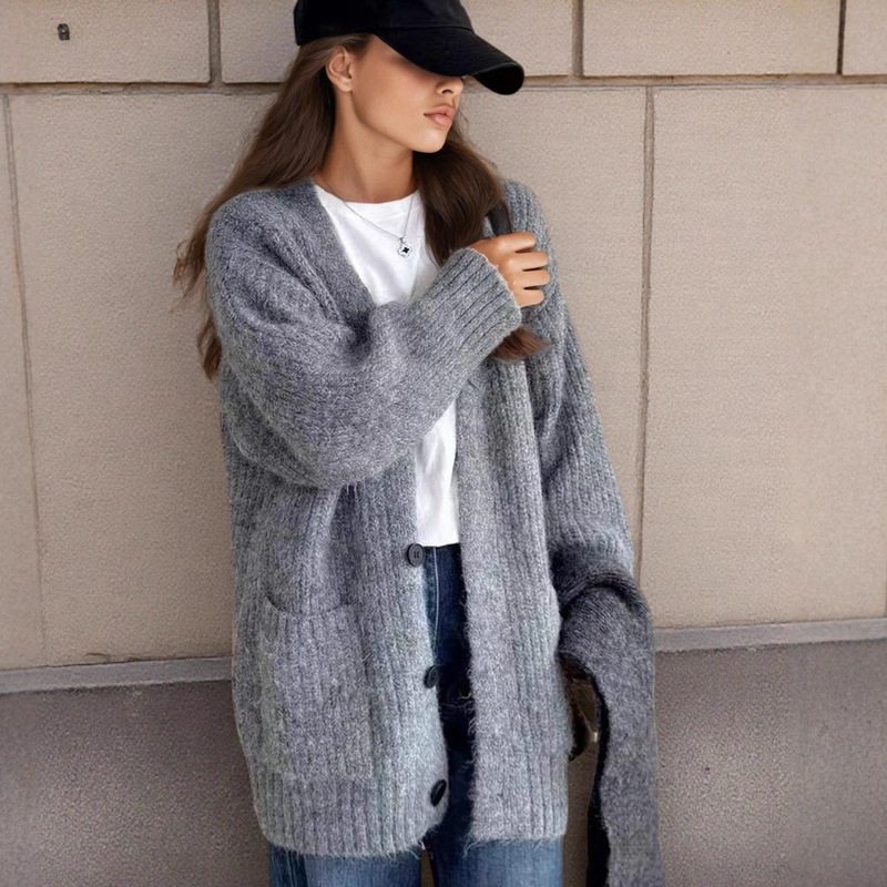 Women's Medium to Long Cardigan Sweater Autumn and Winter Women's Medium-Length Imitation Alpaca Sweater