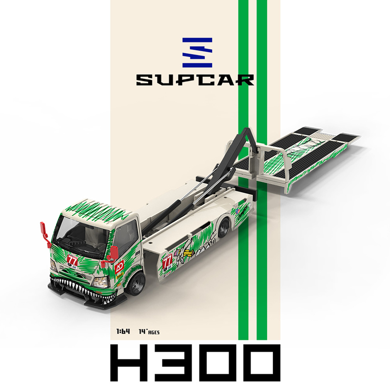 H300 1/64 Flatbed Transport Trailer-No. 77 White and Green Graffiti Green Dinosaur Painted Simulation Alloy Car Model H300 1/64 Flatbed Transport Trailer-No. 77 White and Green Graffiti Green Dinosaur Painted Simulation Alloy Car Model