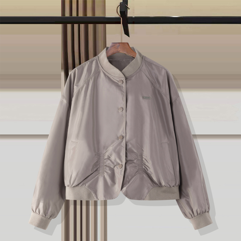 2026 Spring Style Casual Slimming Baseball Jacket with Design Details, Ruched Round Neck Outerwear for Women