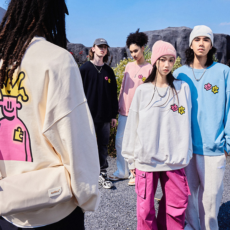 GUUKAAgaho joint round printed necropolis with velvety loose hip hop blouse lovers' Wang querixin with the same section-Taobao