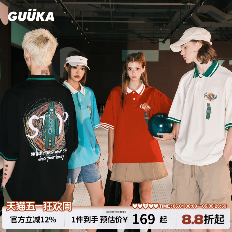 Guuka Red Polo Shirt Short-Sleeved Men's Heavyweight T-Shirt Summer Pure Cotton Couple American Retro Splicing Top Loose Fit