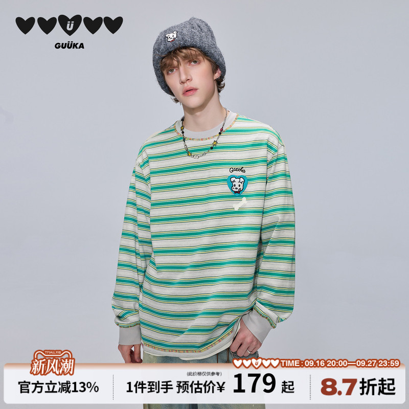 Guuka & Harada Haru Co-Branded Green Striped T-Shirt for Men, Long-Sleeved New Style, Couple's Puppy Embroidery Hasselblad Online Top Guuka & Harada Haru Co-Branded Green Striped T-Shirt for Men, Long-Sleeved New Style, Couple's Puppy Embroidery Hasselblad Online Top