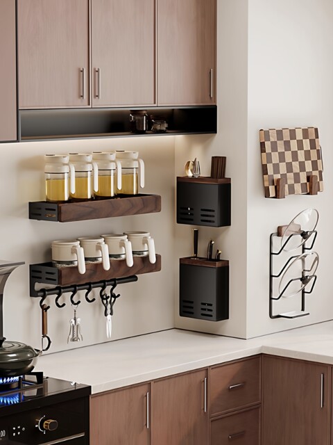 French Ziwoo Walnut Kitchen Storage Rack, No-Drill Solid Wood Pot Lid, Knife, Chopsticks, Spoon, Seasoning, Oil Pot Wall-Mounted Rack