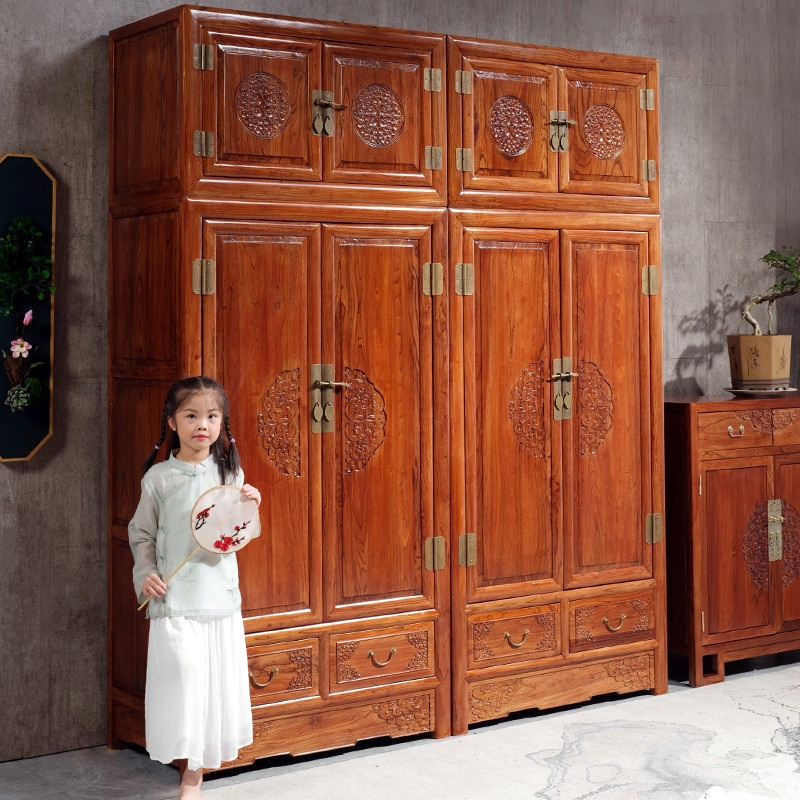 Top box cabinet Chinese style old elm all solid wood overall large wardrobe home log combination wardrobe bedroom hanging wardrobe