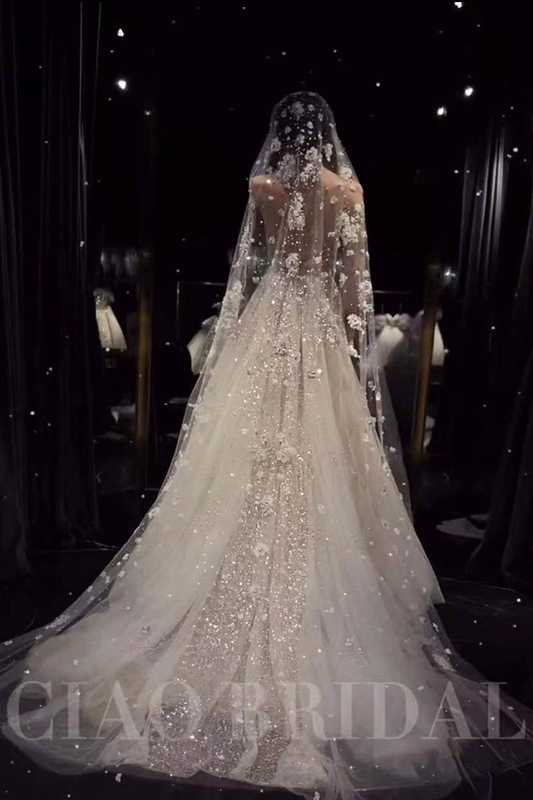 Luxurious Pearl Lace Rhinestone Veil, Ultra-Long Bridal Fairy Veil, Forest-Style Dreamy Tiktok-Style Travel Photography Veil