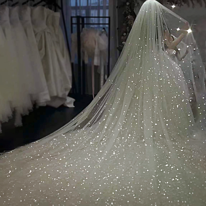 Starry Sky Sparkling Veil, Ultra-Shiny Double-Layer Long Trailing Single-Layer Main Wedding Dress, Bride's Wedding Headpiece, Super Fairy-Like Style