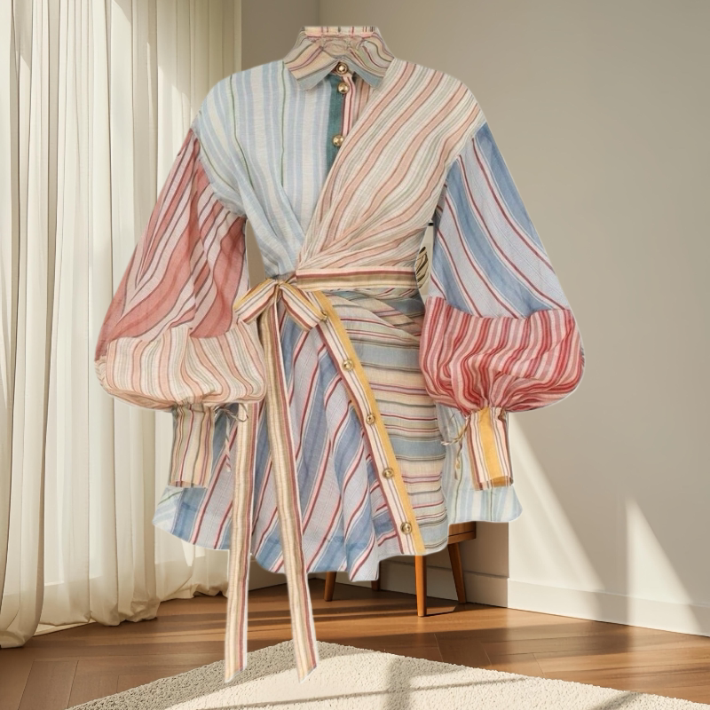 New Fashionable Niche Silk and Linen Striped Patchwork Holiday-Style Lapel Lantern Sleeve Holiday-Style Short Dress