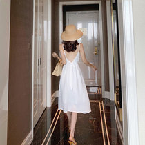 2021 new Sanya seaside resort halter beach dress Xishuangbanna white suspender dress summer medium-long section