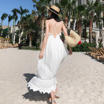 Net red beach skirt women 2021 new Sanya Bali seaside resort halter sexy white dress super fairy
