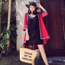 Ethnic style embroidered cardigan jacket shawl summer sunscreen shirt womens medium long thin beach vacation short jacket