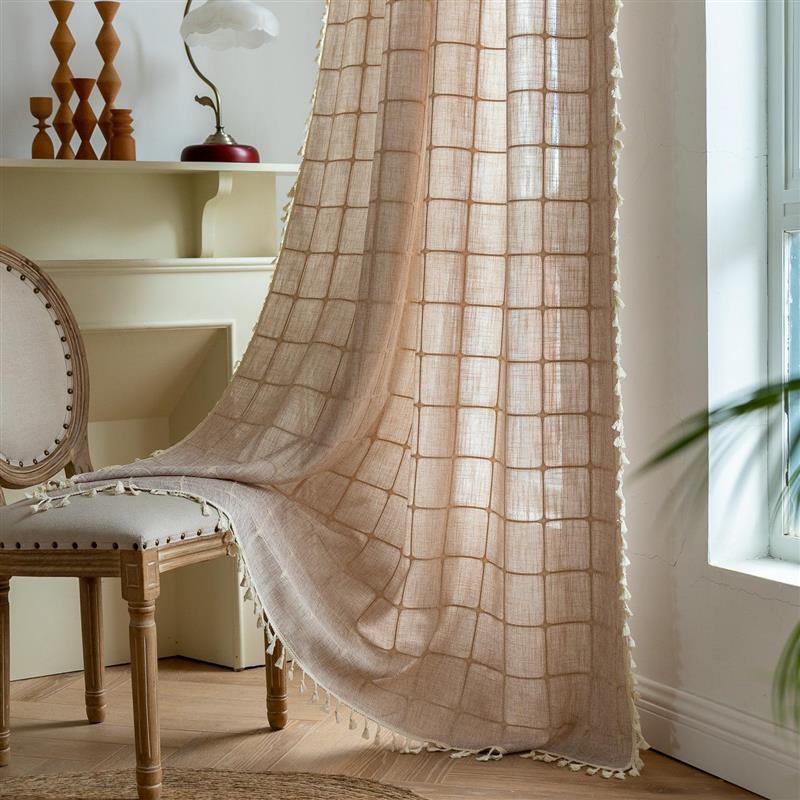 New Products on Amazon Usa: Cross-Border Ready-Made Curtains for Decorating the Living Room and Bedroom, Tassel Brown Checkered Short Curtains