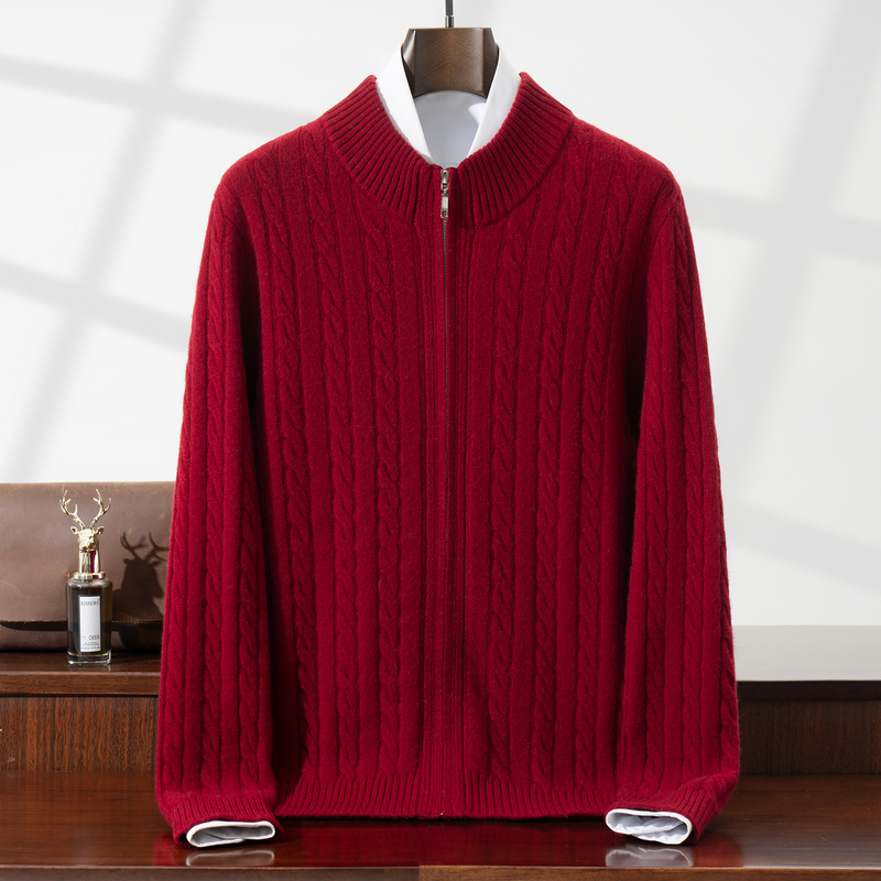 100% Pure Wool Double-Strand Cable Knit Cardigan for Men, Half-High Collar, Zip-Up, Loose Fit, Thickened Sweater Knitwear Top