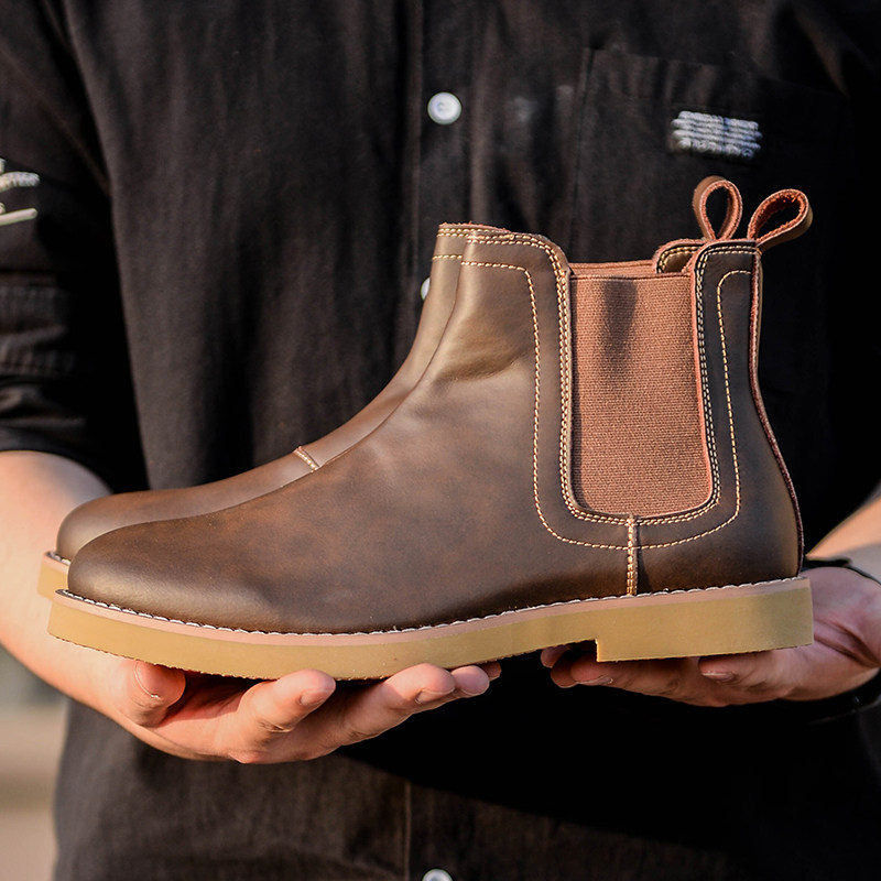 Leather Chelsea boots British style Martin boots Crazy Horse leather mid-tube tooling boots retro high boots motorcycle boots men